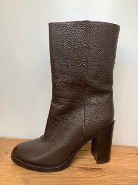Aquatalia Beryl Brown Pebbled Leather Mid-Calf Heeled Boots, Size 9